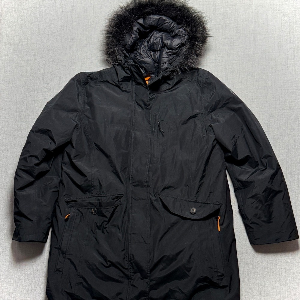 Timberland Hooded Puffer Fur Trim Black Nylon Zip Insulated Lined Coat XXL